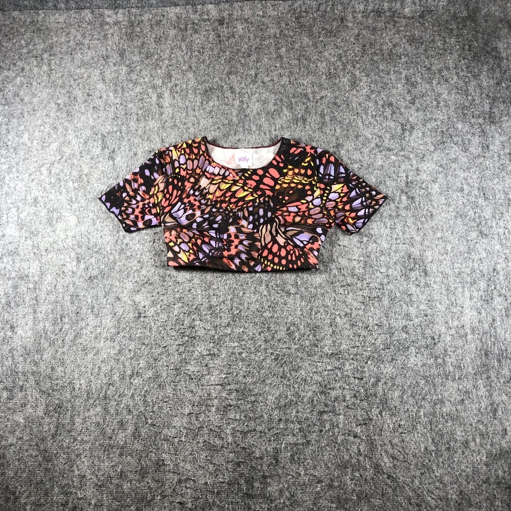 Yitty Mesh Crop Top Womens M Butterfly‎ Print Sheer Multicolor T Shirt